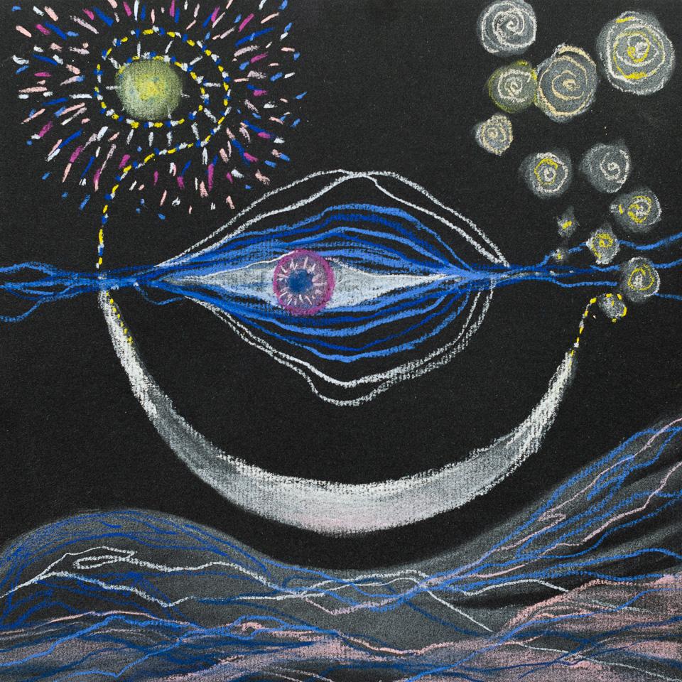 Månen talar/ The Moon says, dry pastel on cardboard,  32x32cm